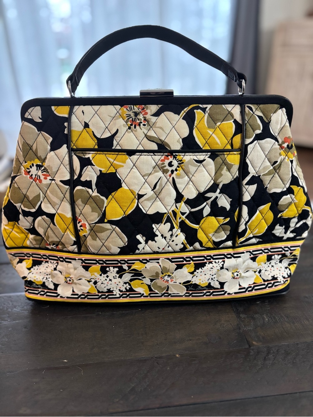 Vera Bradley Whimsical Cottagecore Black, Yellow & Cream Quilted Floral Satchel